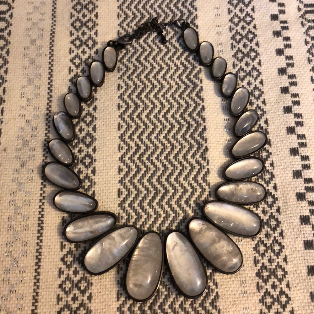 Statement necklace- Silver stones with gun metal.